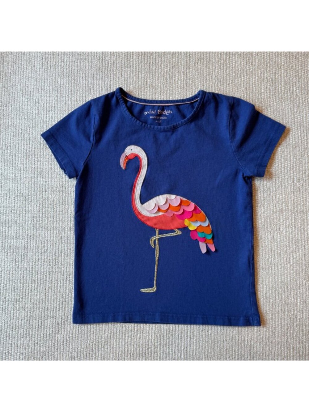 Mini Boden Flamingo Applique T-Shirt Size 4-5 Years Kids Embroidered Bird Blue
